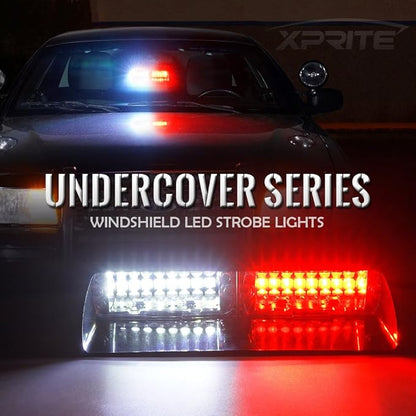 Xprite White Red LED Emergency Dash Strobe Light, Interior Windshield Safety Warning Firefighter Lights w/Suction Cups, 12V Windshield Visor Light Bar for Police Ambulance EMS Patrol Vehicles Trucks