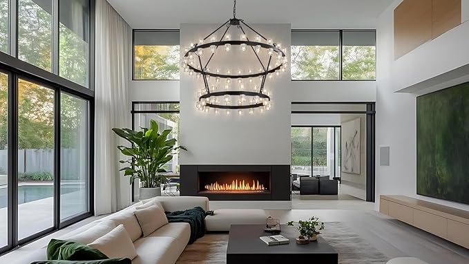 48 Inch Black Wagon Wheel Chandelier with Crystal Shade, 2 Tier 80 Lights, Modern Farmhouse Style, Ideal for Dining Room, Kitchen, Entryways