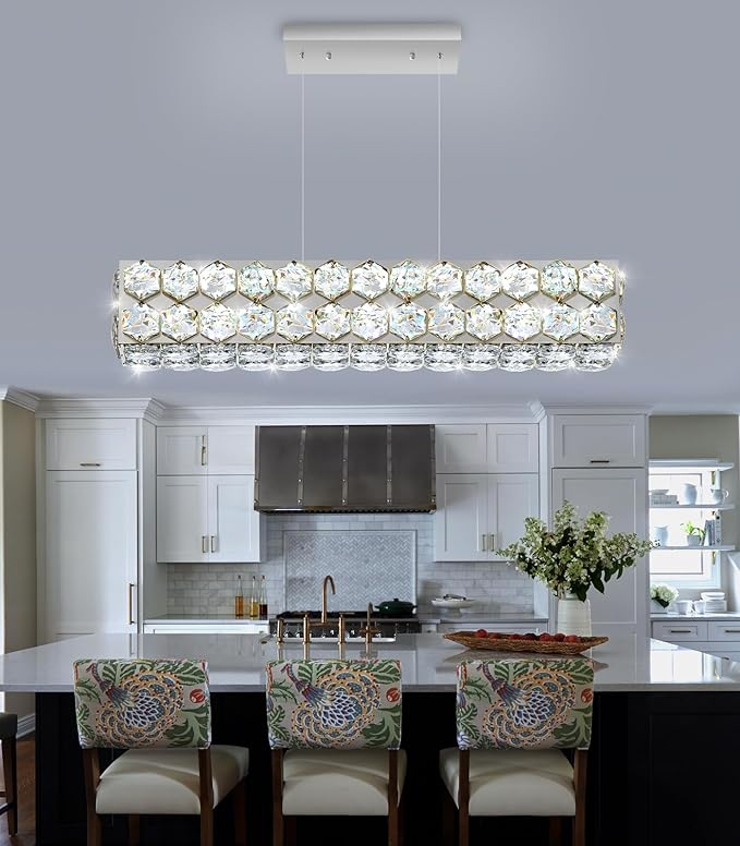 24'' Modern Crystal Chandelier for Dining Room Ceiling Light Fixture for Living Room Hallway Lighting LED Dimmable with Remote Silver
