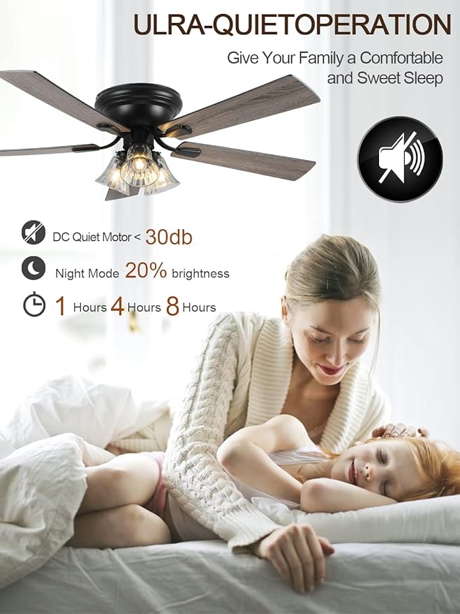 52 Inch Vintage Ceiling Fan with Lights Flush Mount Chandelier Ceiling Fan Indoor Farmhouse Rustic Chandelier Low Profile Antique Fandelier, 3 LED Light Bulbs Base, for Bedroom Living Room