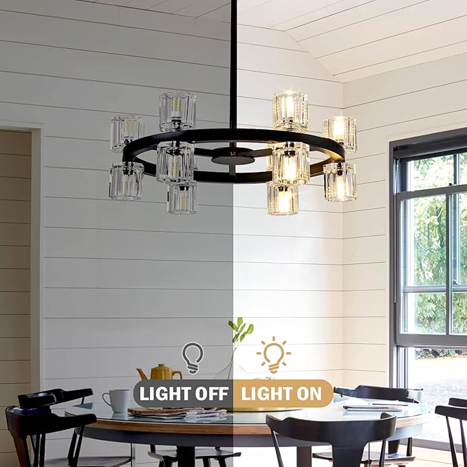 18'' Modern Large Chandelier, 12-Light Elegant Crystal Chandeliers for Dining Room, Black Farmhouse Round Wagon Wheel Pendant Lighting Fixture with Glass Shade for Living Room High Ceilings Entryway