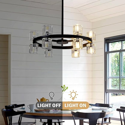 18'' Modern Large Chandelier, 12-Light Elegant Crystal Chandeliers for Dining Room, Black Farmhouse Round Wagon Wheel Pendant Lighting Fixture with Glass Shade for Living Room High Ceilings Entryway