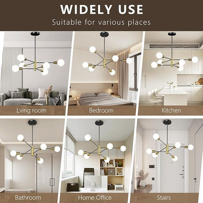 6-Light Black and Gold Mid Century Ceiling Chandelier Height Adjustable for Living Room, Kitchen, Dining Room, Bedroom,Foyer (Bulbs Not Included)