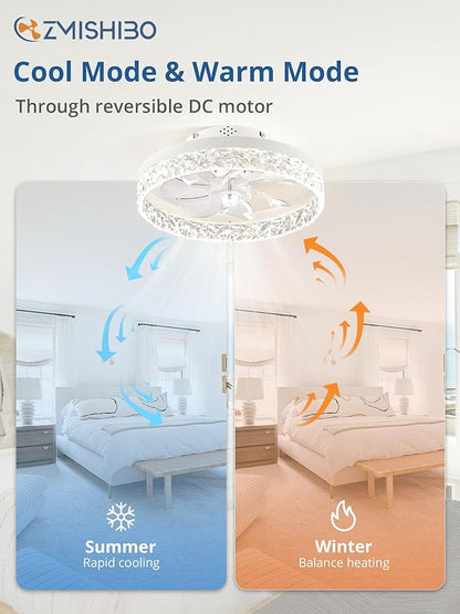 ZMISHIBO Ceiling Fans with Lights, Low Profile Ceiling Fan with Light and Remote, Flush Mount Ceiling Fan, Reversible, Dimmable, Noiseless, 15.7 inch Small Ceiling Fans for Bedroom, Indoor Use - White