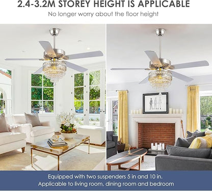 Asyko Crystal Ceiling Fan Fandelier with Lights and Remote Control，52" Modern Silver Chandelier Ceiling Fans with Reversible Blades, Silent Motor，Fandelier Ceiling Fan with Light Chrome