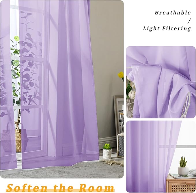 Gwine Lilac Sheer Curtains 72 Inches Long 2 Panels Set for Front Door, Light Filtering Sheer Curtains for Living Room, Rod Pocket Window Treatments Drapes, Each 42" Wx72 L