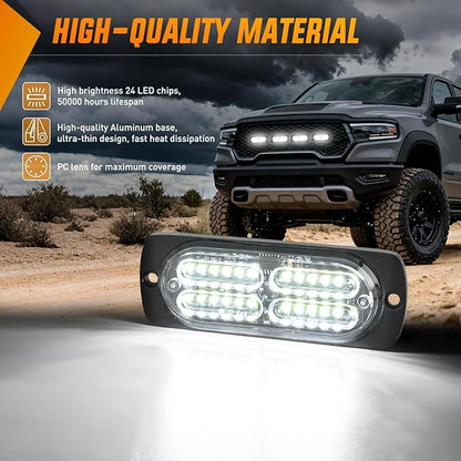 Nilight 4PCS 24LED Emergency Strobe lights 12V 24V White Surface Mount Grille Hazard Safety Warning Light Sync Feature Side Flashing Marker Flash for Car Truck Campers