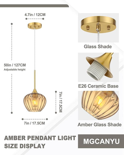 2-Pack Amber Glass Pendant Lights for Kitchen Island, 7" Modern Pendant Lighting Vintage Gold Light Fixtures Adjustable Hanging Light for Kitchen, Dining Room, Bar, Bathroom