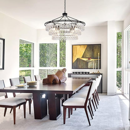 Wellmet Large Black Farmhouse Chandelier - 32" Round Modern Crystal Teardrop Chandelier for Dining Room, Bedroom, Kitchen, Hallway, Closet, Living Room