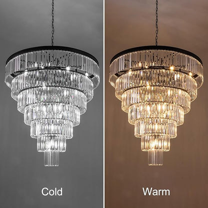 TOCHIC Large Crystal Chandelier for High Ceiling, 40 inch 7-Tier Modern Black Crystal Chandeliers Lighting Fixture, Round Light for Entryway Staircase Foyer Living Dining Room (Black, 40 Inches)