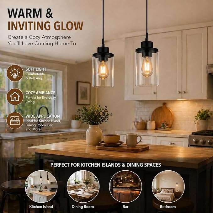 Modern Black Farmhouse Clear Glass Cylinder Pendant Light Fixture, Single Hanging Pendant Lighting for Kitchen Island, Dining Room, Foyer & Hallway(2 Packs)