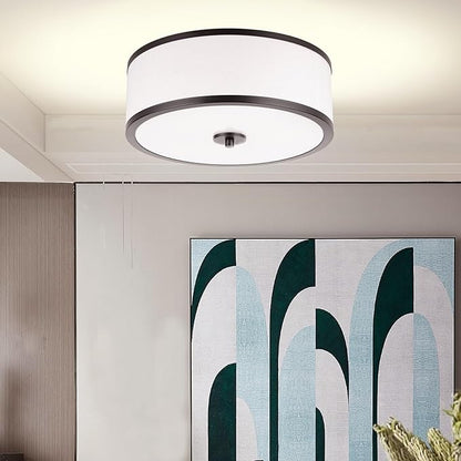 EdwarmLux 3-Light Flush Mount Ceiling Light Fixture, 12.6 " Drum Light with White Fabric Shade, Modern Close to Ceiling Light for Living Room Bedroom Dining Room Kitchen Hallway Entry (Matt Black)