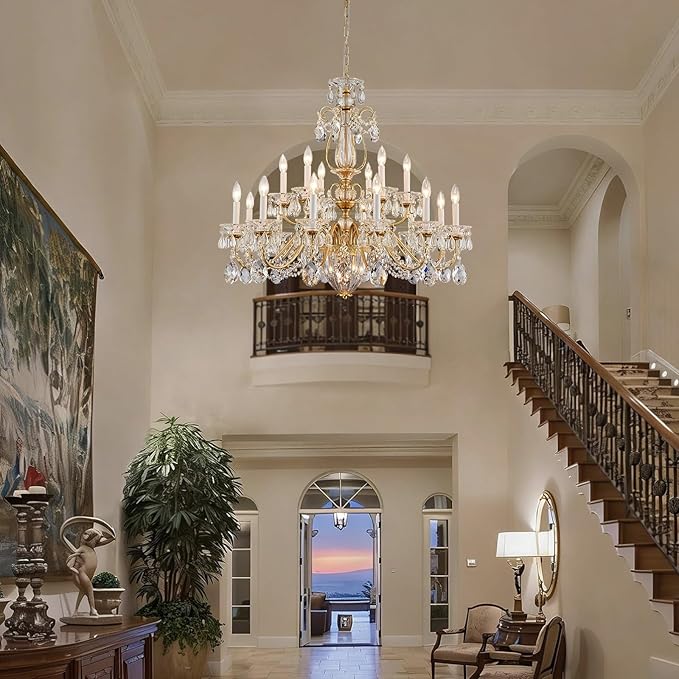 Vintage 2 Layers Crystal Chandelier for High Ceilings, 18-Light Brass Chandelier, Pendant Ceiling Light Fixture for Living Room Hallway Lobby Foyer Entrance Hotel Banquet Hall, Dia 37"