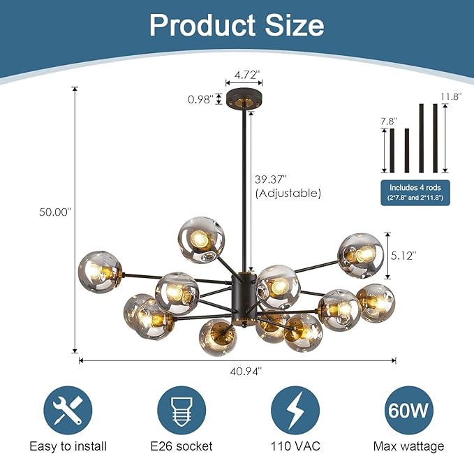DDLLDESHI 2 Tiered Modern Gold Chandelier Sputnik Ceiling Light Fixture with 12 Globe Glass Bubble Shade Chandeliers for Dining Room Hotel Bar Home Billiard Room (41" Large Black Chandelier)