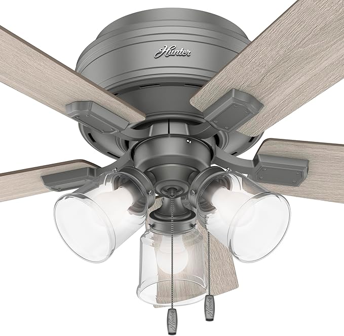 Hunter 42 inch Indoor Ceiling Fan with LED Lights and Pull Chain - Low Profile Flush Mount Ceiling Fan, 5 Blades, For Bedroom, Living Room, or Kitchen, Quiet - Crestfield 51025, Matte Silver