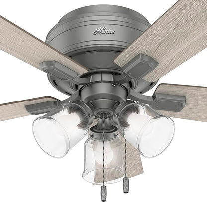 Hunter 42 inch Indoor Ceiling Fan with LED Lights and Pull Chain - Low Profile Flush Mount Ceiling Fan, 5 Blades, For Bedroom, Living Room, or Kitchen, Quiet - Crestfield 51025, Matte Silver