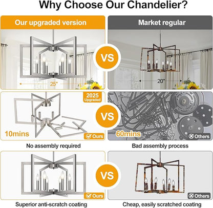 25" Modern Brushed Nickel Chandelier for Dining Room, No Assembly Required Brushed Nickel Dining Room Light Fixture Over Table, Industrial Metal Hanging Pendant Lights Fixture for Kitchen Island
