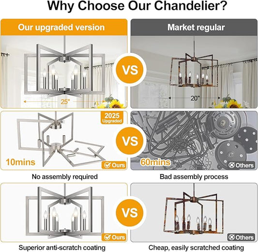 25" Modern Brushed Nickel Chandelier for Dining Room, No Assembly Required Brushed Nickel Dining Room Light Fixture Over Table, Industrial Metal Hanging Pendant Lights Fixture for Kitchen Island