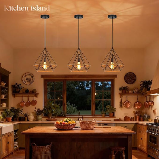 ropelux Pendant Lights Fixtures, Black Farmhouse Kitchen Island Lighting, Adjustable Height Modern Metal Hanging Light Fixture for Kitchen Island Sink Dining Room Bedroom- 3 Pcs