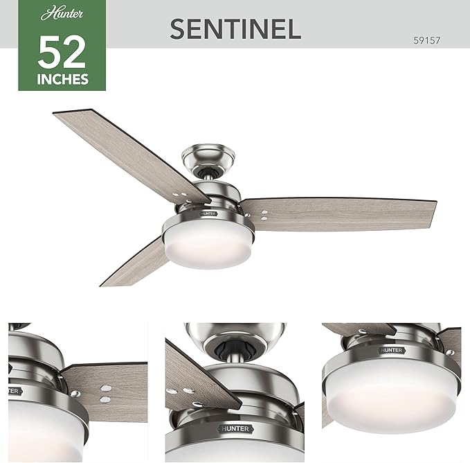 Hunter 52 inch Indoor Ceiling Fan with LED Light and Remote Control - Standard Mount Ceiling Fan, 3 Blades, For Bedroom, Living Room, or Kitchen - Sentinel 59157, Brushed Nickel