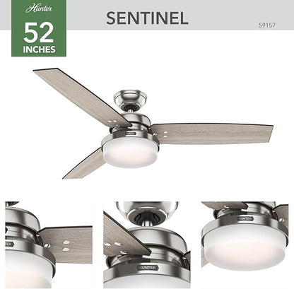 Hunter 52 inch Indoor Ceiling Fan with LED Light and Remote Control - Standard Mount Ceiling Fan, 3 Blades, For Bedroom, Living Room, or Kitchen - Sentinel 59157, Brushed Nickel