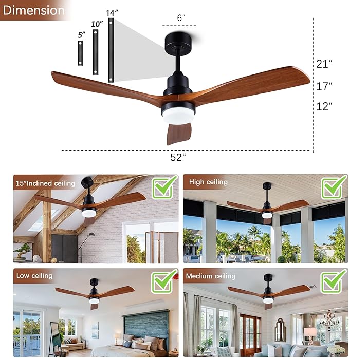 52-inch Ceiling Fan with Remote Control (Illuminated) 3-Blade Carved Wooden Fan Blades Quiet Reversible All-Copper Motor Ideal for Living Rooms, Bedrooms, and Courtyards Black/Walnut Finish