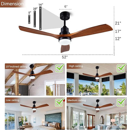 52-inch Ceiling Fan with Remote Control (Illuminated) 3-Blade Carved Wooden Fan Blades Quiet Reversible All-Copper Motor Ideal for Living Rooms, Bedrooms, and Courtyards Black/Walnut Finish