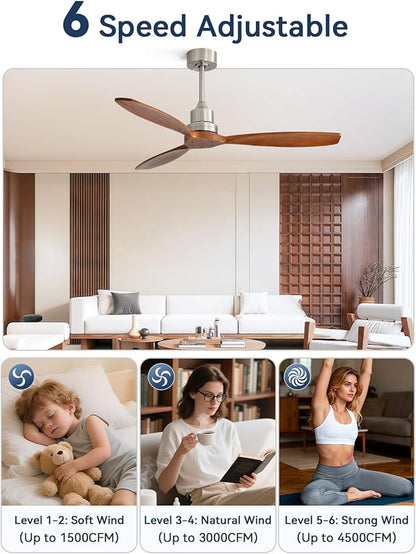 Sofucor Ceiling Fan no Lights, 52 Inch Modern Wood Ceiling Fan with Remote, 3 Wooden Blades and 3 White Downrods, for Indoor Bedroom Living Room Outdoor Patio Porch, Reversible DC Motor, Brown