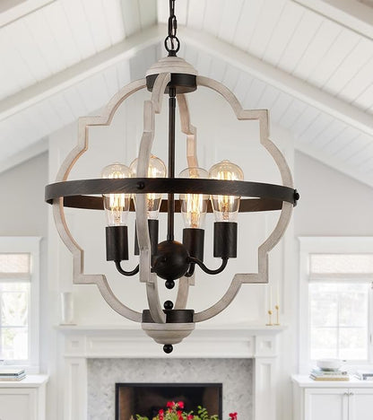 MEIXISUE Rustic Farmhouse Chandelier,ORB+Oak Finish,4-Light Vintage Antique Chandeliers Pendant Light Fixtures for Kitchen Dining Room Living Room Entryway Foyer UL Listed