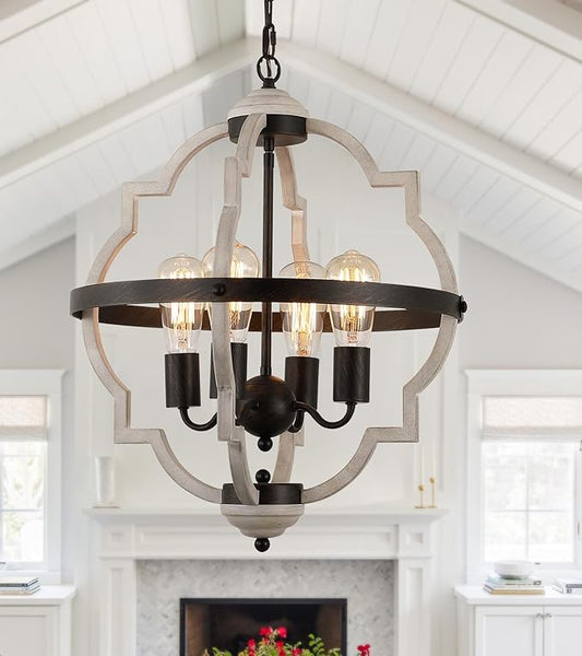 MEIXISUE Rustic Farmhouse Chandelier,ORB+Oak Finish,4-Light Vintage Antique Chandeliers Pendant Light Fixtures for Kitchen Dining Room Living Room Entryway Foyer UL Listed