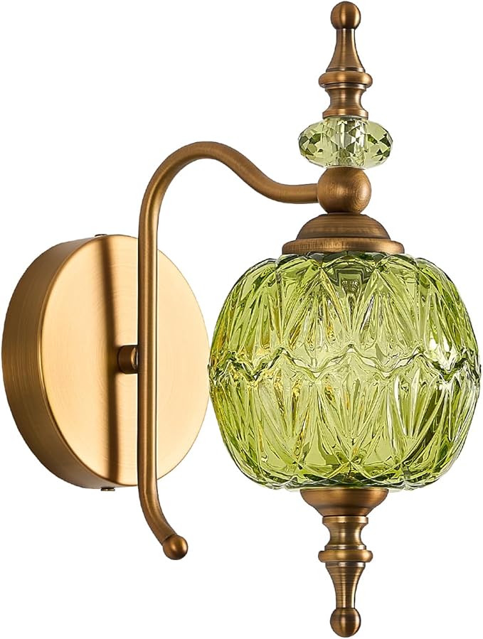 Vintage Bathroom Wall Sconces,Green 1-Light Wall Light Fixtures with Crystal Glass Shade for Bedroom Living Room Kitchen Hallway