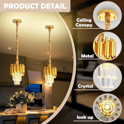 Modern Gold Crystal Chandelier 2-Tier Round Pendant Lighting Light Fixture Chandelier for Kitchen Island Entryway Bathroom BedHead Bedroom