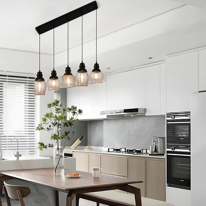 WILON Pendant Lights Kitchen Island, 5-Light Dining Room Light Fixture with Seeded Glass Shade, Farmhouse Chandeliers for Dining Room Matte Black Finish Hanging Linear Chandeliers for Kitchen Island