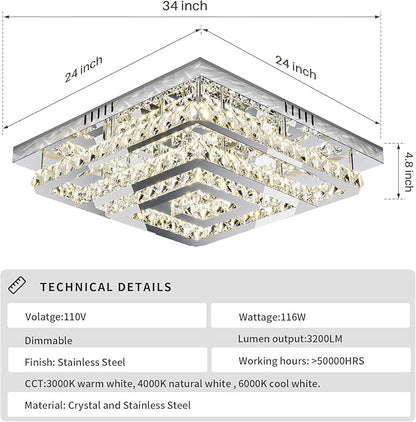 34" Large Crystal Chandelier with Remote/APP Control, 3 Color Temperature Light Fixture & Brightness Adjustable, Modern Flush Mount LED Ceiling Light Fixture for LivingRoom Kitchen Hallway Dining Room