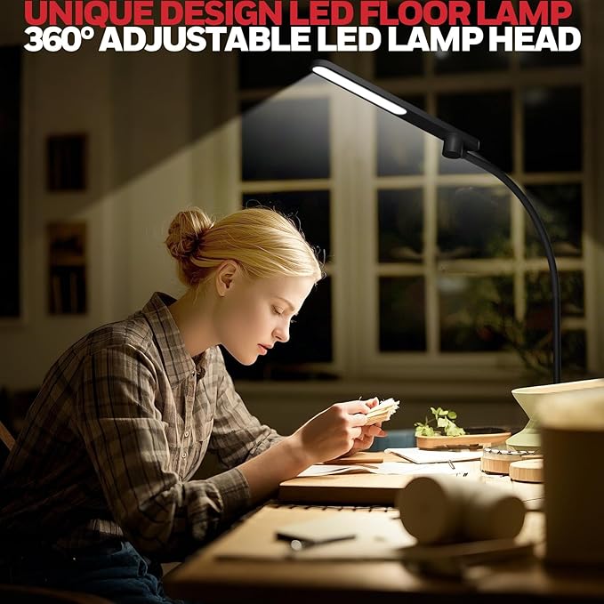 Honeywell LED Floor Lamp with Remote, CRI97 Full Spectrum Eye-Caring Reading Lamp, Stepless Dimmable 3000K-5000K Task Floor Lamp with Flexible Gooseneck for Living Room, Bedroom, Office