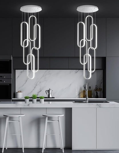 6 Rings Modern Chandelier LED Dimmable Pendant Lighting High Ceiling Chandelier for Entrance Foyer Lobby Living Room Staircaes Sliver 78.7''