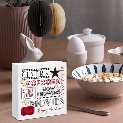 Vintage Movie Theater Decor, Movie Room Accessories, Retro Wooden Sign for Home Theater Gaming Room Desk Decoration 5 x 5 Inches