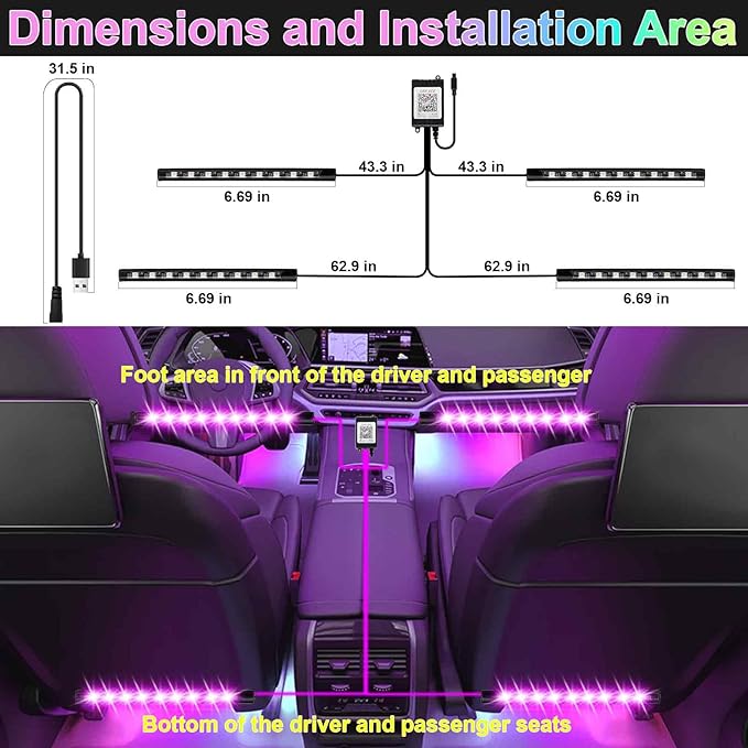 BFXM Car Interior Lights, Car Accessories Interior, 5V LED Strip Lights with USB Adapter, Ambient Lighting, App & Remote Control Music Sync Color Change Lights for Truck Car Decor (36LED Beads)