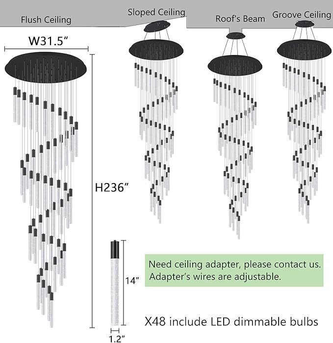 20 foot 48-lights Chandeliers for Living Room Entryway High Ceiling Light Chandelier LED Crystal Pendants Light Sloped Ceiling Chandeliers Staircase Lighting Fixture LED Dimmable Lighting Black