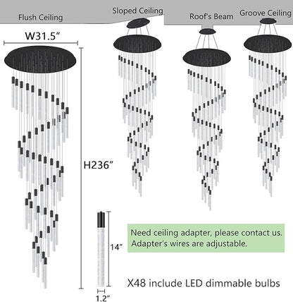 20 foot 48-lights Chandeliers for Living Room Entryway High Ceiling Light Chandelier LED Crystal Pendants Light Sloped Ceiling Chandeliers Staircase Lighting Fixture LED Dimmable Lighting Black