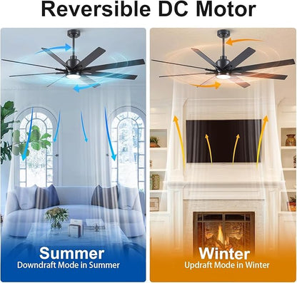 Rayqueen 62 Inch Large Ceiling Fans with Lights and Remote, Black Blades, 3CCT Dimmable LED, 6-Speed Reversible DC Motor, Ultra Quiet, 3 Timers for Living Room, Great Bedroom & Covered Outdoor