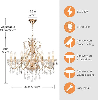 Saint Mossi Gold Crystal Chandelier for Dining Room, 8-Light Modern Chandelier Pendant Light, Gold Crystal Raindrop Chandelier for Bedroom, Living Room, Foyer