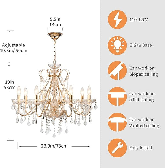 Saint Mossi Gold Crystal Chandelier for Dining Room, 8-Light Modern Chandelier Pendant Light, Gold Crystal Raindrop Chandelier for Bedroom, Living Room, Foyer