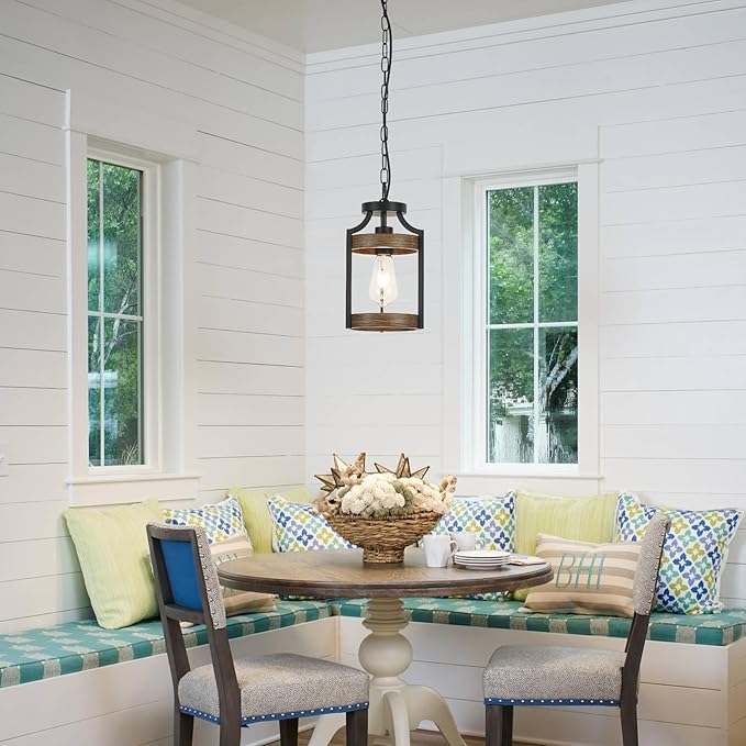 Farmhouse Pendant Light, Rustic Wood Metal Light Fixtures with Adjustable Hanging Chain, Small Pendant Lighting for Kitchen Island, Dining Room, Entryway, Cafe & Bar, 2 Pack