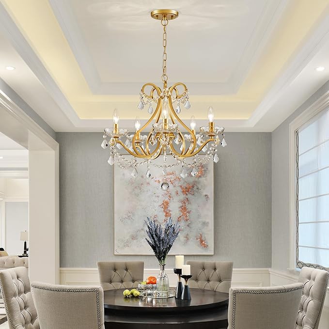WUZUPS Crystal 5-Light Candle Chandelier Pendant Flushmount Ceiling Light Modern Lighting Fixture for Bedroom Hallway Bar Kitchen Bathroom, H 20.9" x W 21.7", Gold, E12 Base
