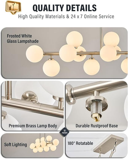 55" Long Chandeliers for Dining Room Kitchen Island, Large Globe Sputnik Linear Chandelier, 16 Lights Mid Century Modern Light Fixture Over Table,Nickel and Milk White Bubble, GC-08