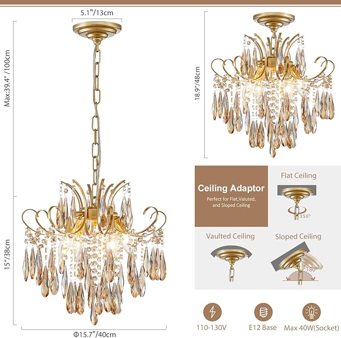 Gold Crystal Chandeliers for Dining Room 4-Light Modern Luxury Light Fixture for Living Room Bedroom Pendant Ceiling Hanging Light, Mid Century