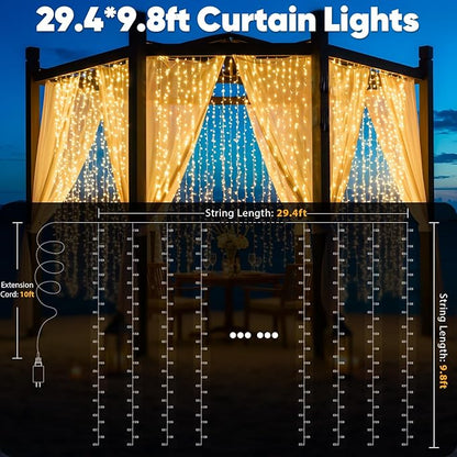 suddus 900 LED Christmas String Lights Outdoor, 9.8x29.5ft Curtain Lights Plug in with Remote,Wall Hanging Lights for Christmas,Dorm,Wall,Window,Wedding,Party,Birthday Decor,Warm White