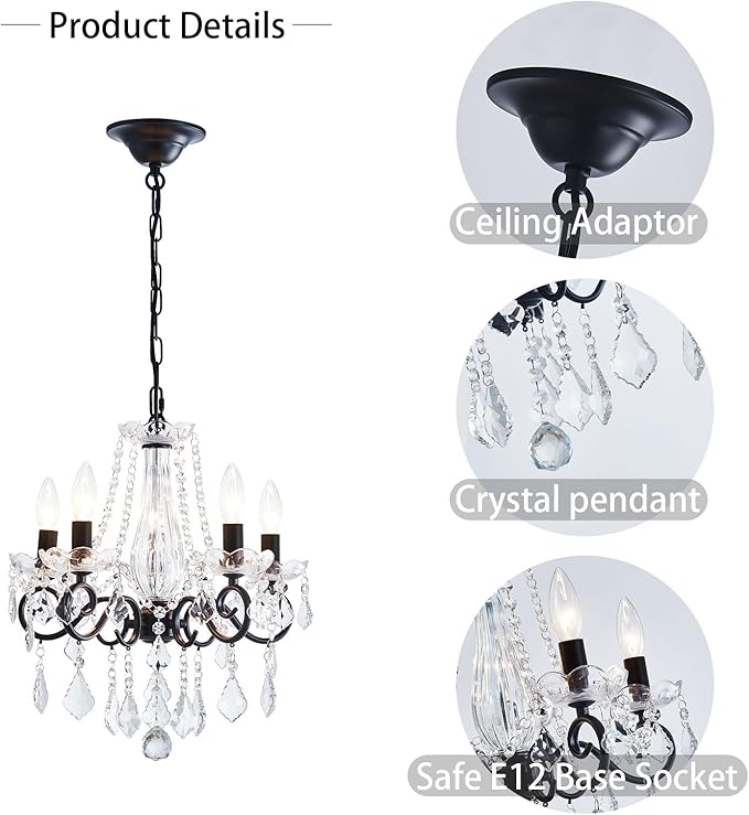 Crystal Chandelier, 5-Light Chandelier for Dining Room Light Fixture, K9 Crystal Pendant Ceiling Light Fixture, Modern Candle Chandelier for Living Room Kitchen Island Entryway Bedroom (Black)