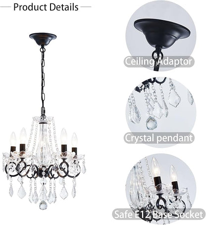 Crystal Chandelier, 5-Light Chandelier for Dining Room Light Fixture, K9 Crystal Pendant Ceiling Light Fixture, Modern Candle Chandelier for Living Room Kitchen Island Entryway Bedroom (Black)
